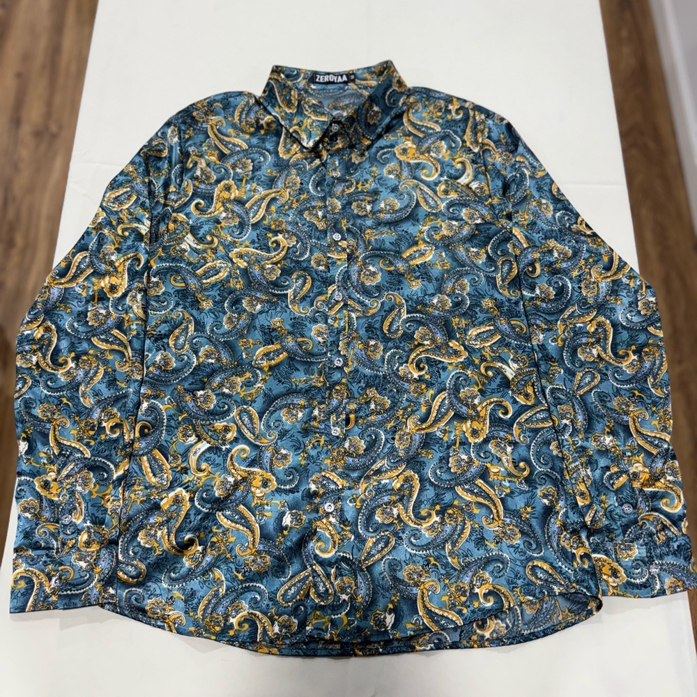 Men's Green and Gold Paisley Satin Shirt